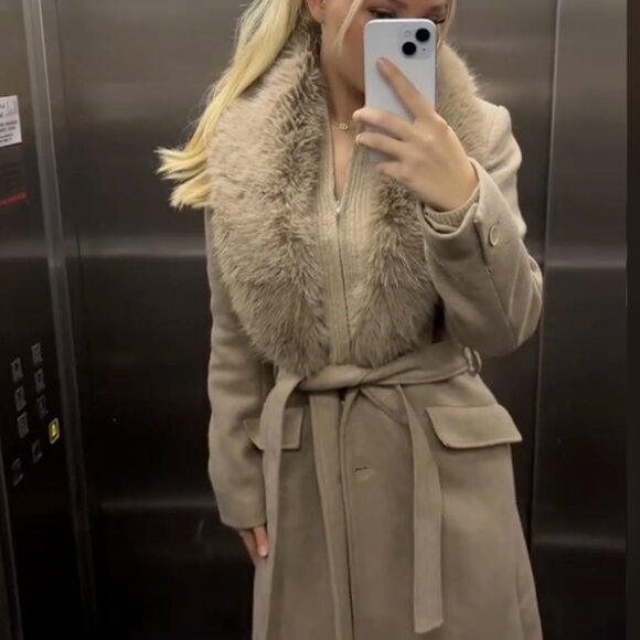 ZARA WOMAN TAUPE BROWN MINK FAUX FUR WOOL BLEND LAPEL COLLAR COAT NWT 9225/147 - Picture 3 of 15